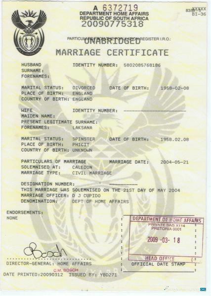 Download South Africa Department home affairs marriage certificate Photoshop template